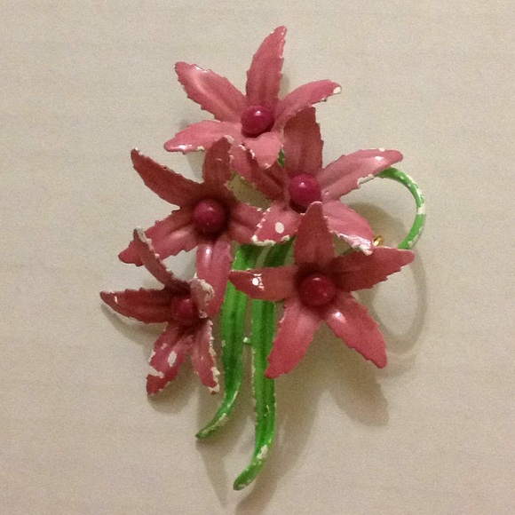 Pink XL Enamel Flower Pin Brooch 1920 1930 1940 - Picture 8 of 8